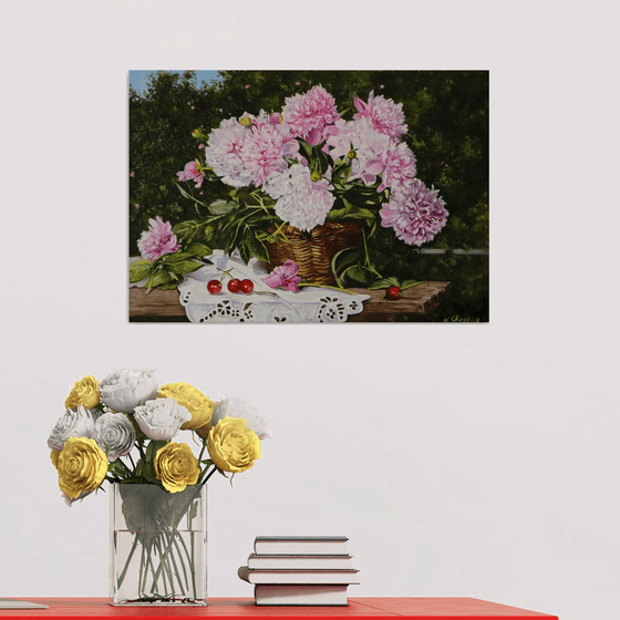 Pink Peonies and Cherries