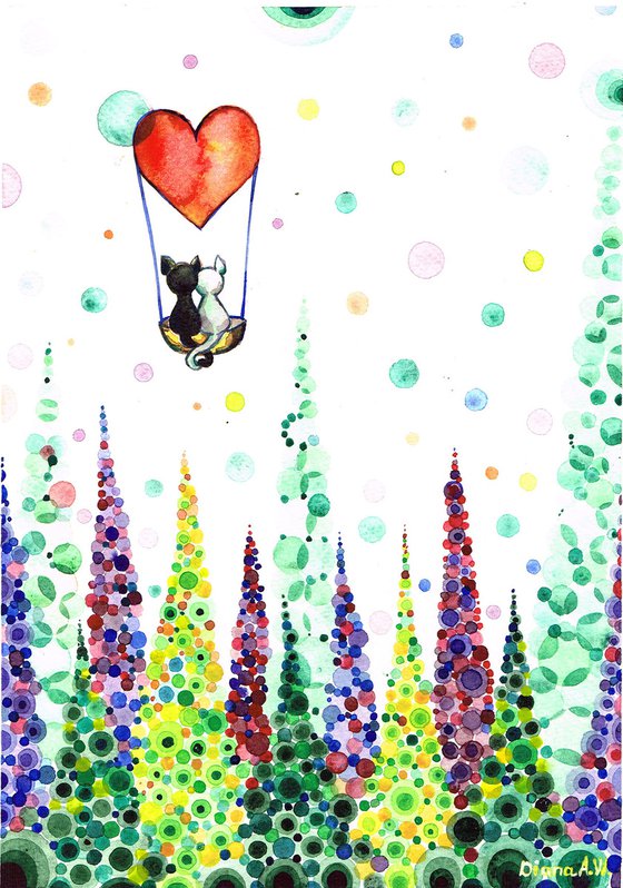 CATS above the MULTI COLOUR TREES in the Love Heart Balloon