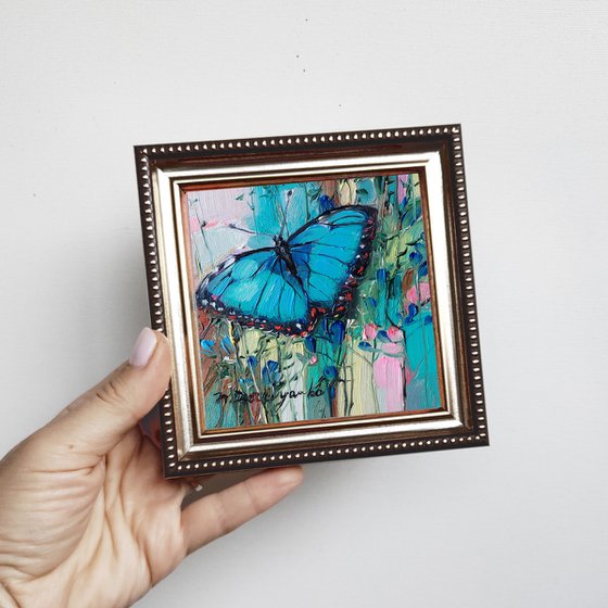 Butterfly and flowers art painting original oil framed, Blue Morpho butterfly small artwork, Butterfly gifts for women
