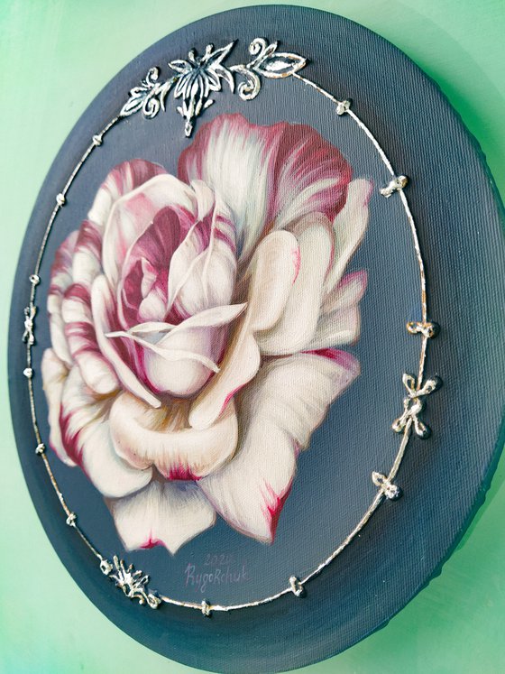 Painting, oil, acrylic on canvas with decorative elements of silver "rose"along with a round stretcher.