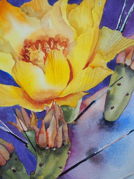 Cacti blossom - yellow flower on violet background, original watercolor