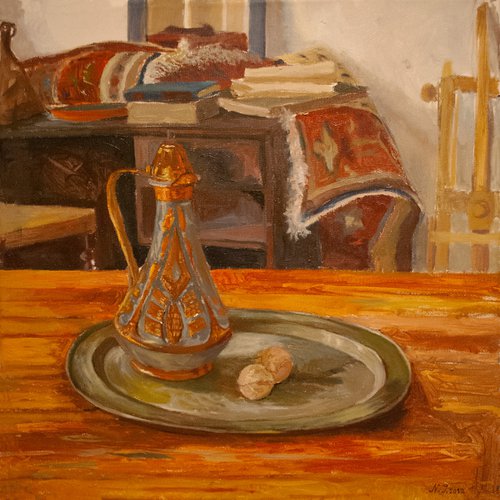 Copper Tray With Wallnuts And A Jug by Nikola Ivanovic