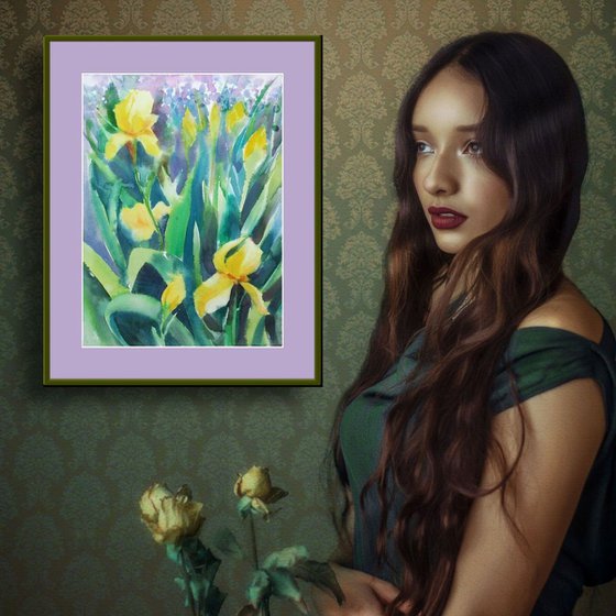 Yellow Irises Watercolor Painting Flowers Watercolor Art