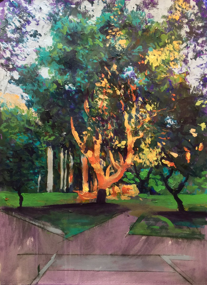 Impressionistic Landscape Acrylic Painting By John Cottee, 22 X 30, Park Sunset, Original Artwork