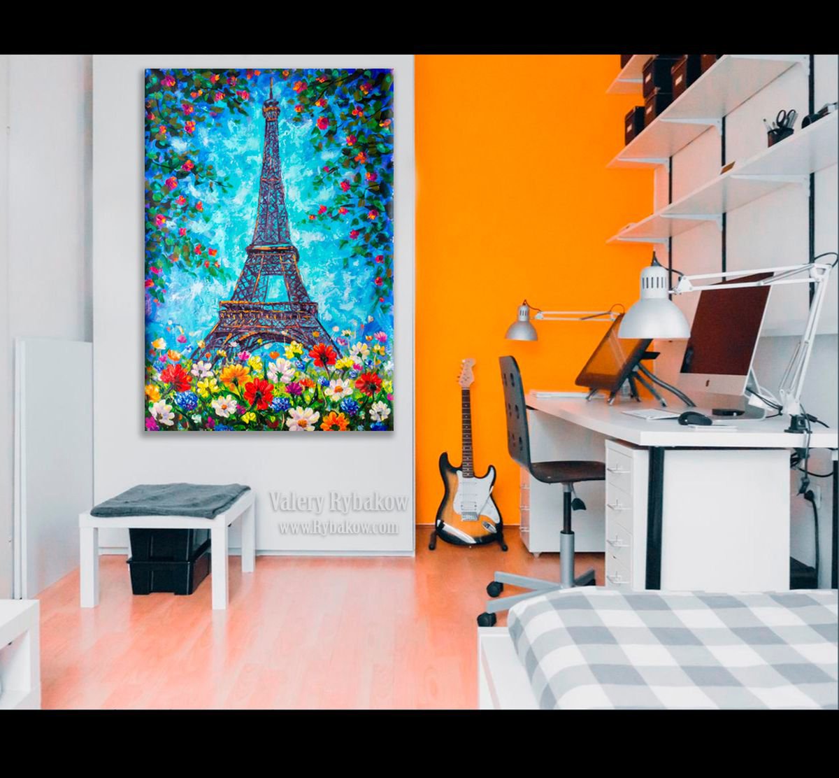 Handmade painting Spring Eiffel Tower Paris in Flowers Original art for Sale by Valery Rybakow