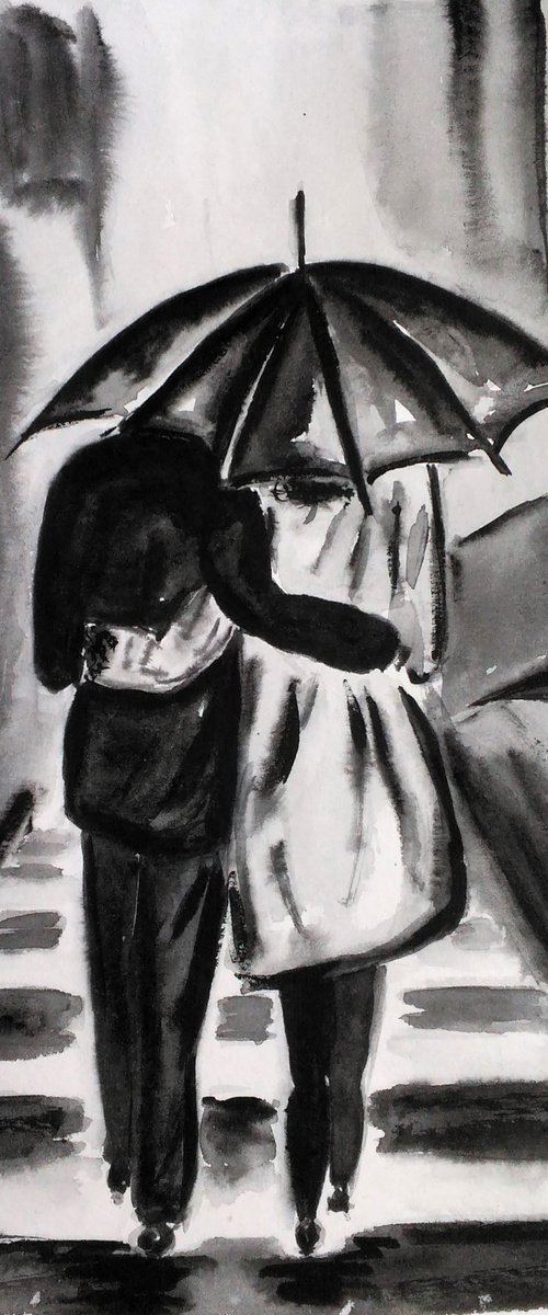 New Yorker Painting Couple Original Art Ambrella Watercolor NYC Artwork Walk Small Cityscape Home Wall Art 8 by 12" by Halyna Kirichenko by Halyna Kirichenko