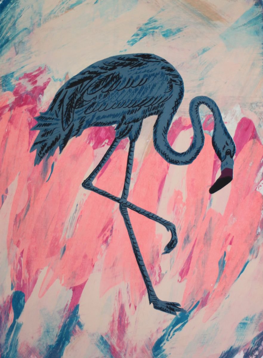 Feathered Standing Blue Flamingo by Rebecca de boehmler
