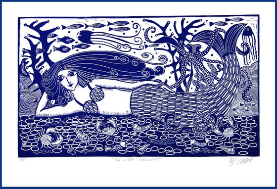 The little Mermaid, XL blue and white linocut