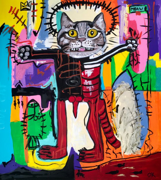 Red Cat Troy King, (102 x 91cm, 40 x 36 inches ) version of painting by Jean-Michel Basquiat  Untitled GLOW IN THE  DARK