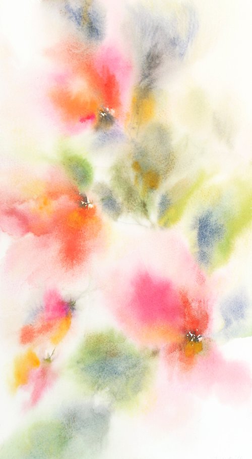 Soft red flowers, abstract watercolor floral art by Olga Grigo