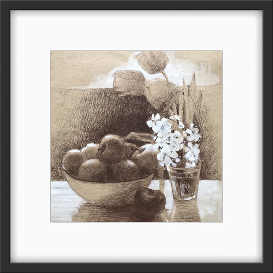 Still life with apple and flowers. Original charcoal drawing