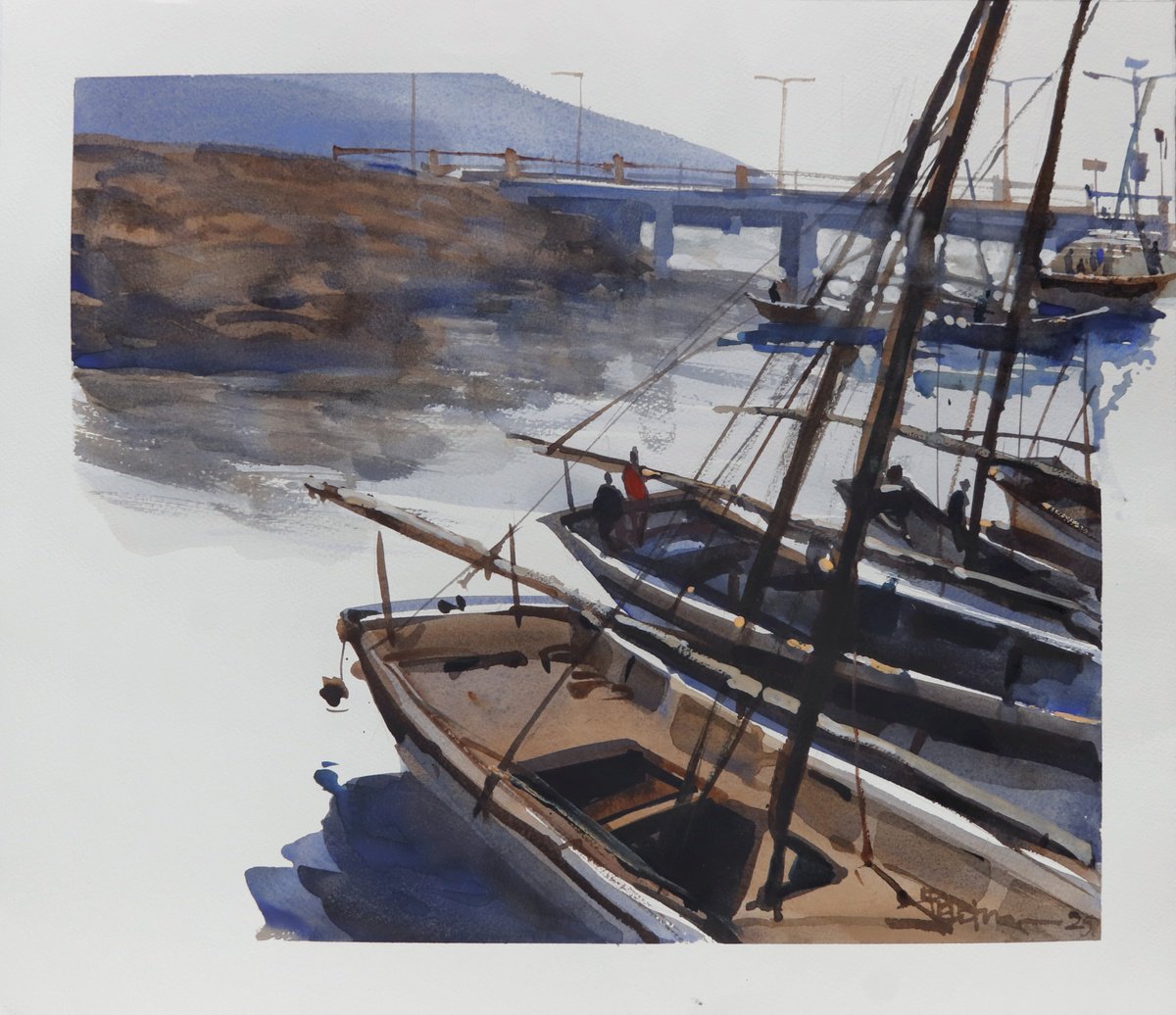 Impressionistic Landscape Watercolour By Prashant Prabhu, 22 X 19", Sun Shining, Sailboats Lining, Original Artwork