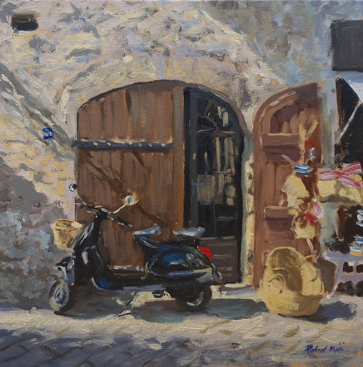 Impressionistic Cityscapes Oil Painting By Robert Mee, 16 X 16", Scooter In Old Town, Original Artwork
