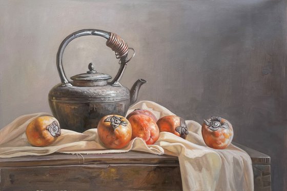 Still life:teapot  and persimmons