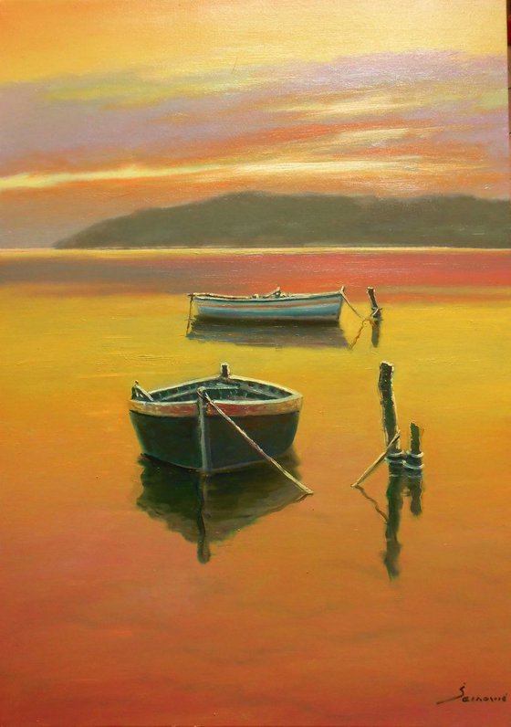 "THE SILENCE" oil on canvas, seascape, boats, SPECIAL DISCOUNT