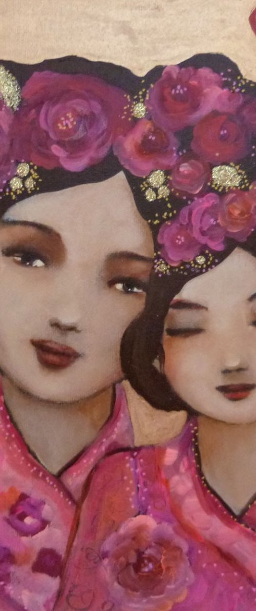 "Our Pink dreams" acrylic on canvas 30x30cm woman and child by Loetitia Pillault