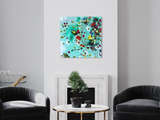 Structure impasto acrylic painting with abstract flowers 60x60cm "Floral Fusion"