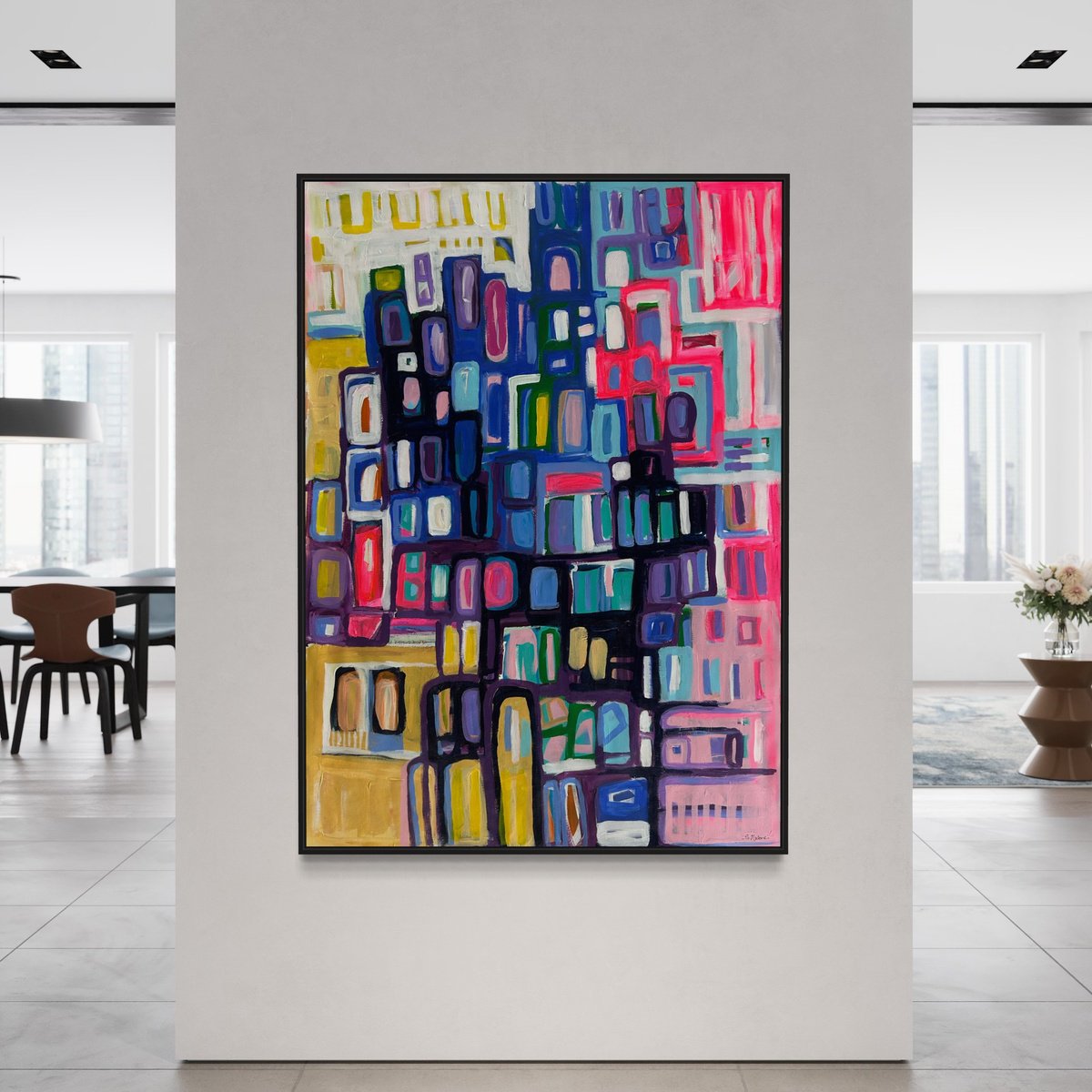 Abstract Acrylic Painting By Samantha Malone, 37 X 51", Life On The Grid, Original Artwork