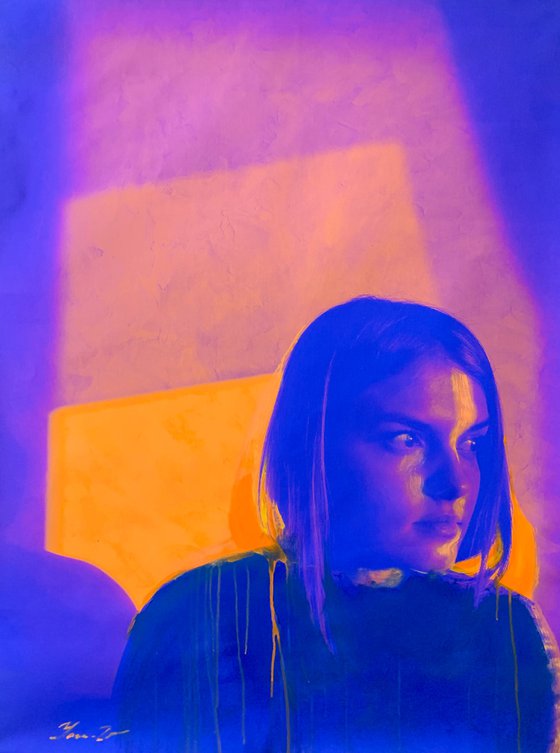 Bright painting - "Blue-orange girl" - Pop Art - Portrait - Neon art - 130x100cm