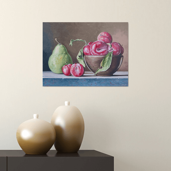 Still life -  plums and pear