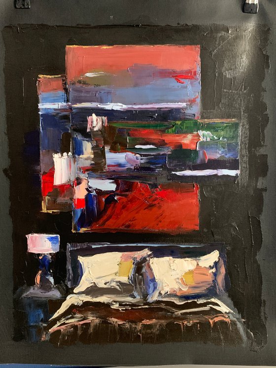Room,bed,abstract art.