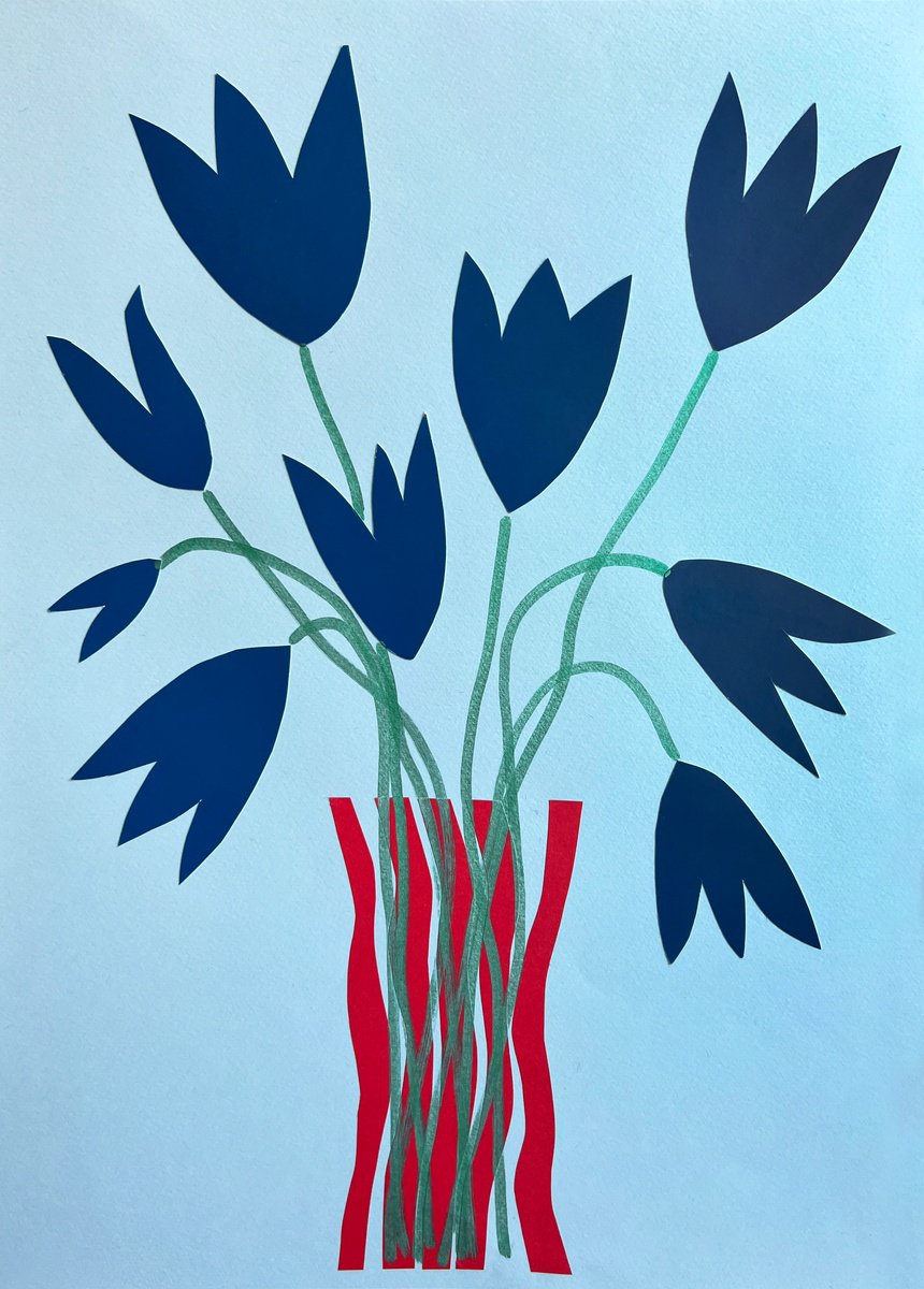 Blue Tulips in Striped Vase by Sasha Robinson