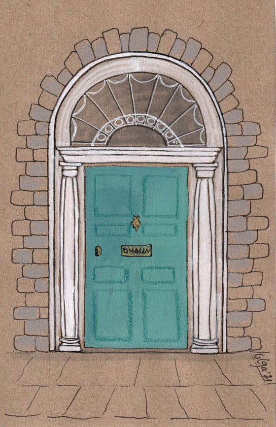 Azure and turquoise doors - Set of 2 architecture mixed media drawings