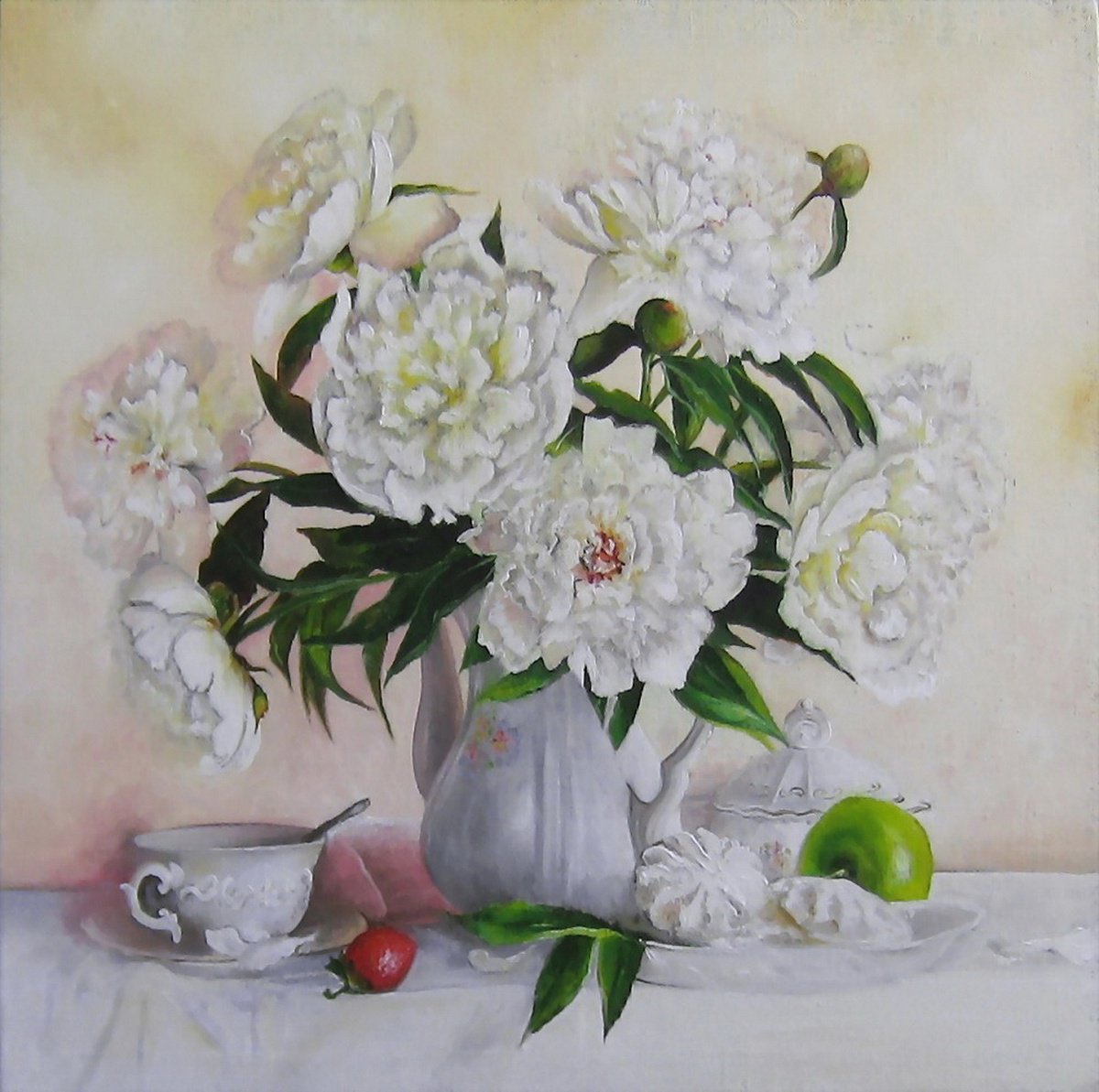 Impressionistic Botanical Oil Painting By Natalia Shaykina, 20 X 20", White Peonies, Original Artwork