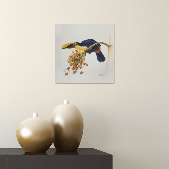 Toucan. Bright bird on tree painting. Watercolor bird.