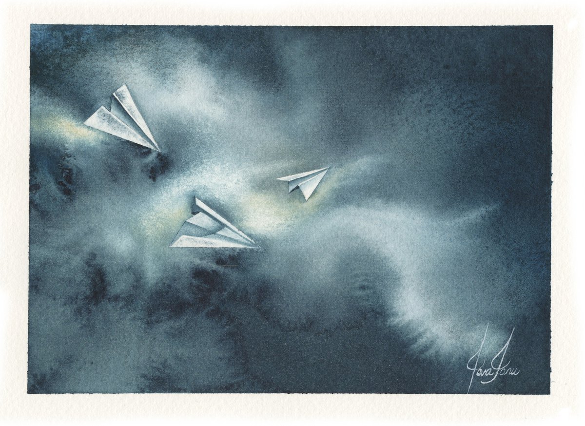 Promises XIII - Origami Paper Plane Watercolor by ieva Janu