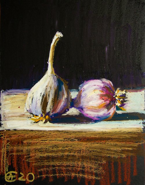 Garlic. Home isolation series. Oil pastel painting. Small home decor gift idea interior dark tones still life by Sasha Romm