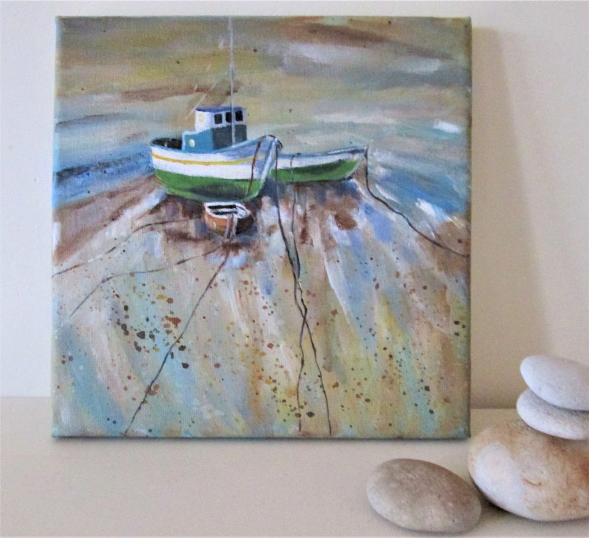 Impressionistic Landscape Acrylic Painting By Marjansart, 8 X 8", Fishing Boat, Original Artwork
