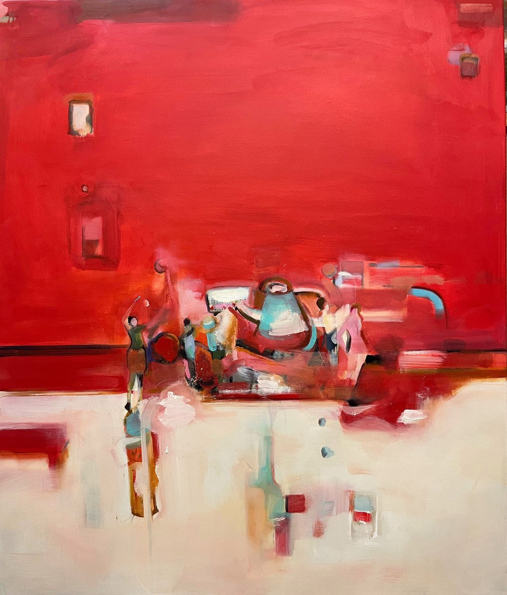 Expressive Abstract Oil Painting By Romuald Mulk Musiolik, 39 X 47", Red And The Kettle, Original Artwork
