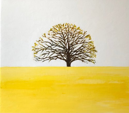 Lonely tree in yellow field, minimalist oil painting, tree of life by Volodymyr Smoliak