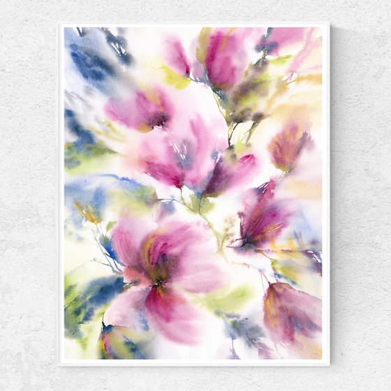 Watercolor loose flowers painting Spring magnolias