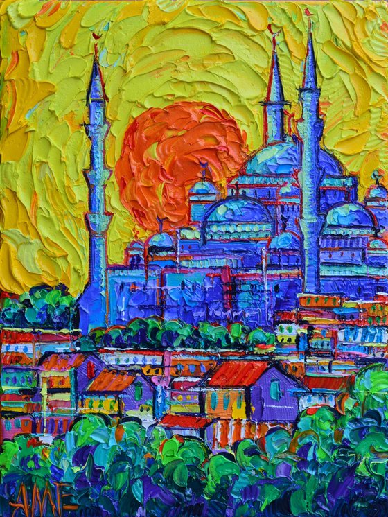 ISTANBUL SUNSET textured impasto palette knife oil painting on 3D canvas by Ana Maria Edulescu