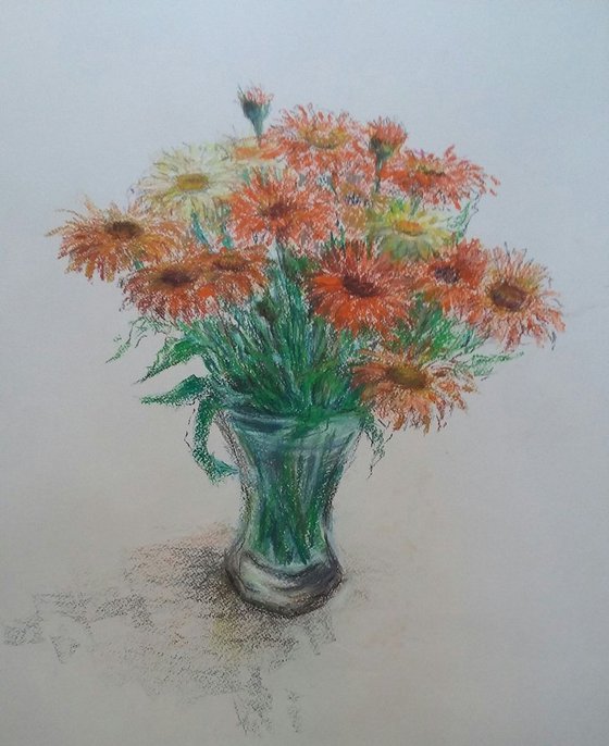 Summer bouquet.  Béllis. Original pastel drawing.