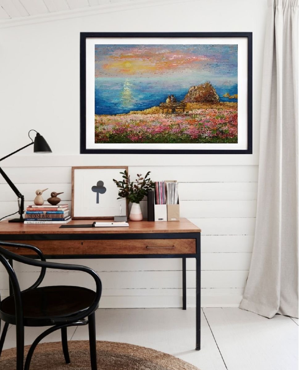 Seascape Spring in Opal Cliffs, 7050 cm, original art, FREE SHIPPING / sunset / lovers / by Larissa Uvarova