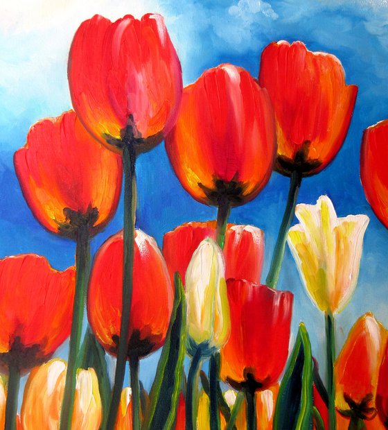 Red Tulips Field 20X16" Hand Painted Original Oil Painting New Spring Flowers