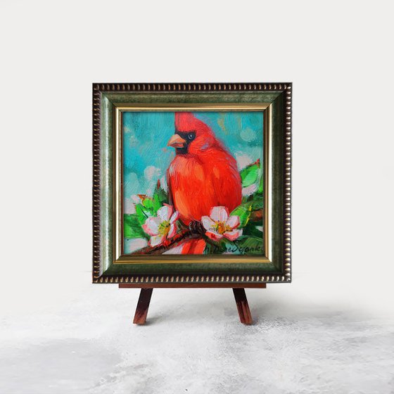 Cardinal red bird oil painting original, Small picture framed artwork 4x4, Bird wall art decor hanging, Gifts for mom