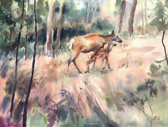 Deer in the forest, Watercolor animals painting