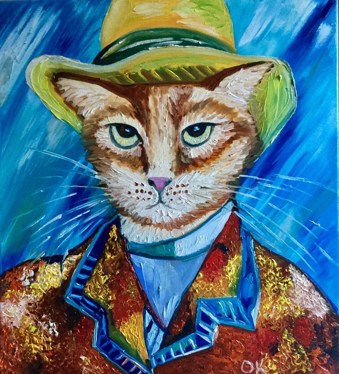 Expressive Oil Painting , Serious Cat La Van Gogh By Olga Koval, 18 X 20, Artwork For Sale On Artfinder