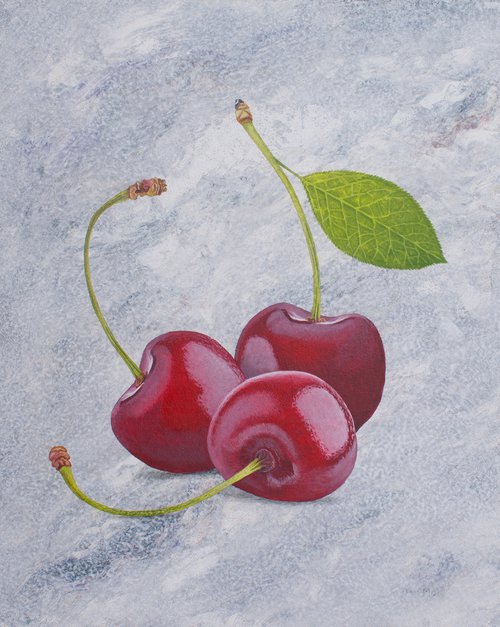 Three CHerries On Faux Marble by Dietrich Moravec