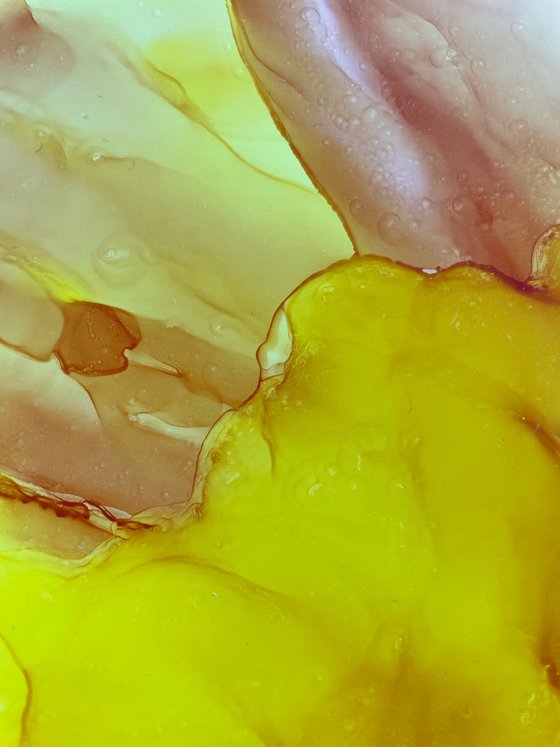 YELLOW ORANGE FLOWER , ABSTRACTION - alcohol ink, plastic paper