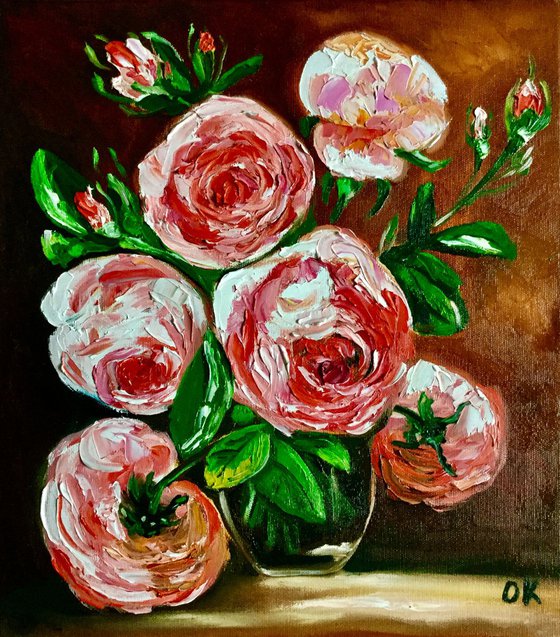 BOUQUET OF CORAL ROSES #2   palette knife modern red pink still life  flowers Dutch style office home decor gift