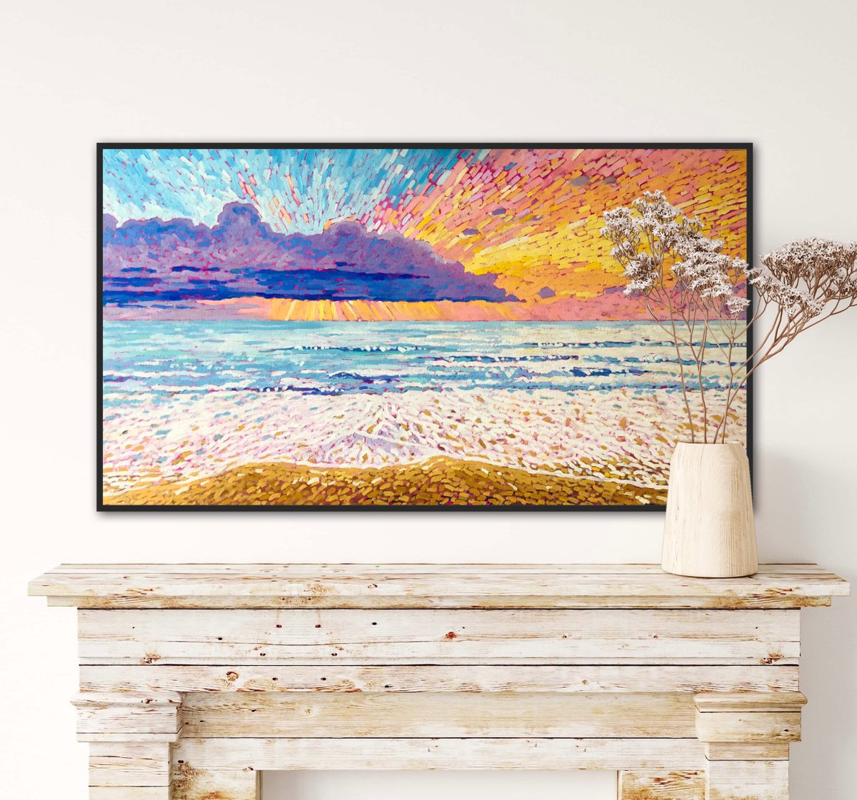 Impressionistic Landscape Oil Painting By Volodymyr Smoliak, 35 X 20", Pink Sunset, Original Artwork