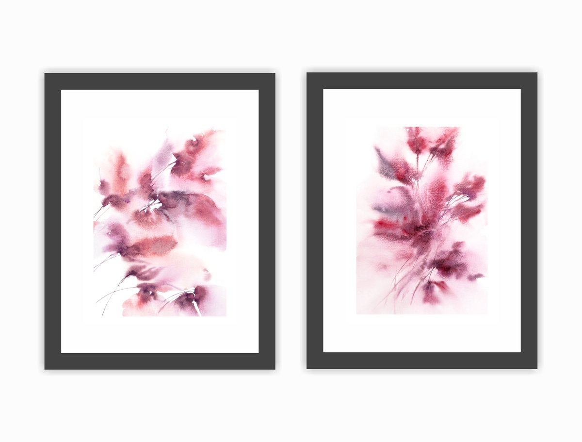 Pink abstract floral watercolor, floral diptych Floral dreams by Olya Grigo