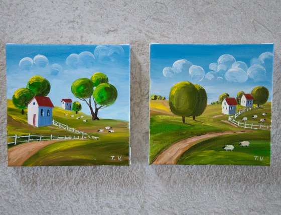 Naive country landscape. Miniature 6 x 6in.
