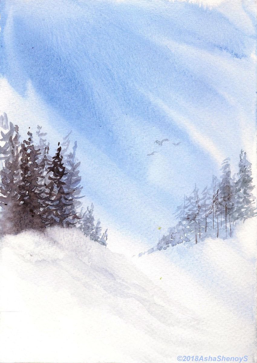 Pine trees in snow - Winter Landscape watercolour on paper 5.8x8.25 by Asha Shenoy