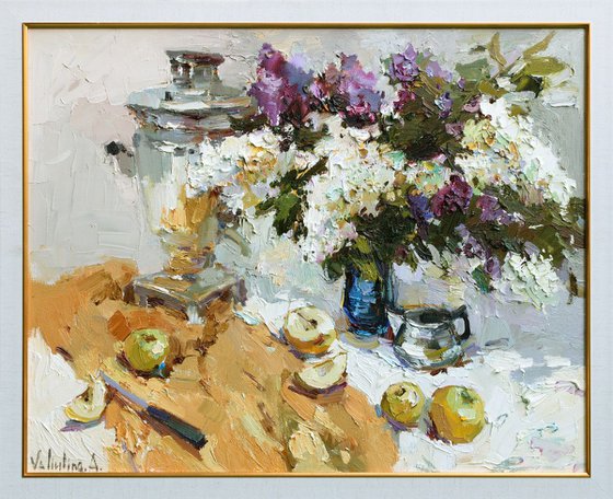 Samovar and Lilac Still Life - Original oil painting Framed